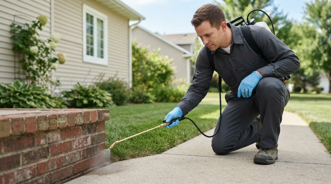 Pest control technician treating a home near Plano, IL