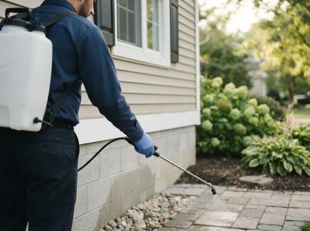 Pest control technician inspecting a home in Plano, IL